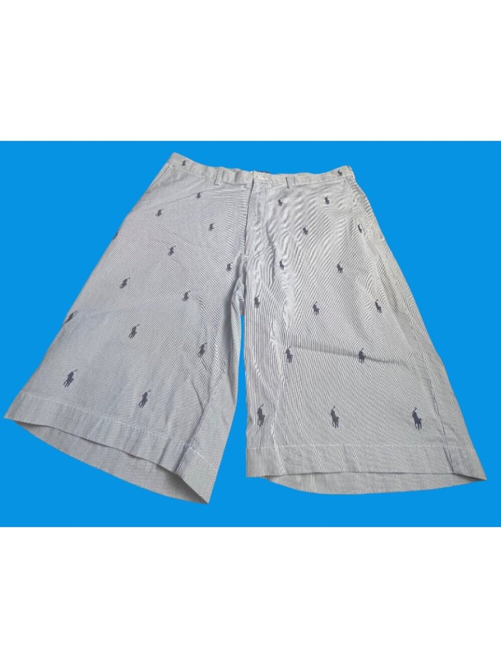 Polo Ralph Lauren Mens Embroidered Seersucker Shorts 40T Tall Long Blue & White